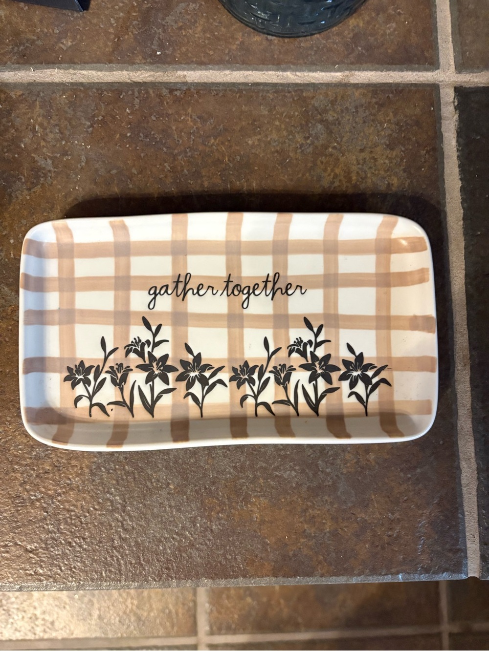 Rae Dunn Cream and Tan Plaid Tray with Black Floral Script